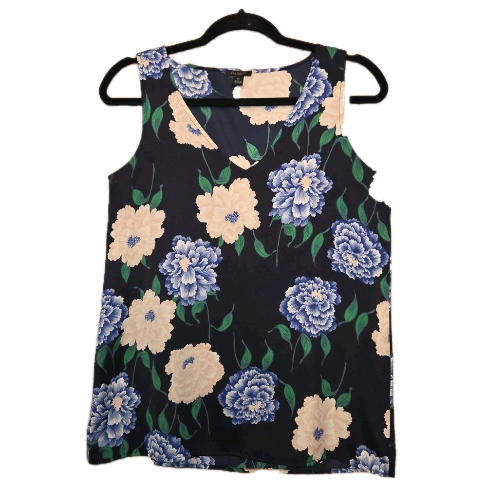 ANN TAYLOR Floral Tank Blouse Women's XS Top Blue & Pink Peony Sleeveless Shirt